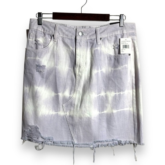 PTCL NWT Chic Lilac and White Tie-dye Denim Distressed Mini Skirt Waist Size 32 - Picture 9 of 16